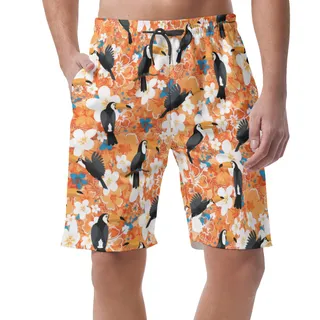 Floral Toucan Orange Hawaiian Beach Shorts For Men