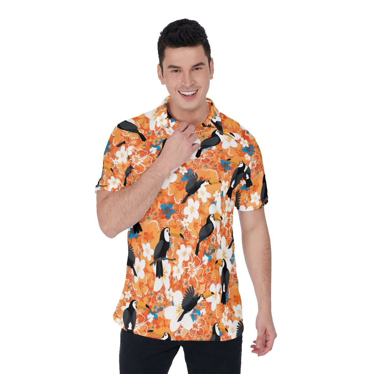Orange Toucan Floral Hawaiain Golf Shirt For Men - variant image 1