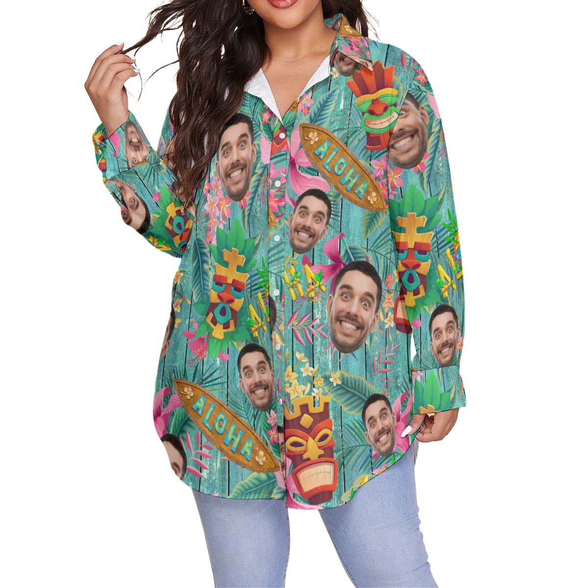 Funny Custom Face Floral Vintage Hawaiian Plus Size Shirt For Women - variant image 1
