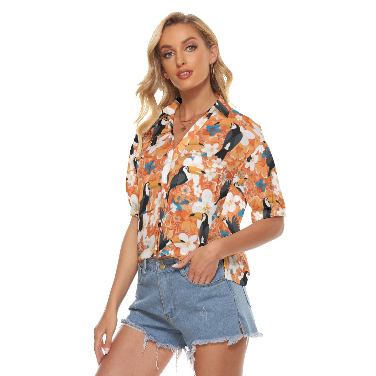 Floral Toucan Orange Aloha Crop Top Shirt