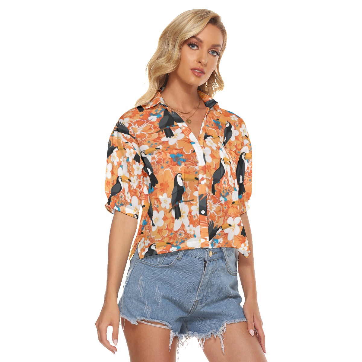 Floral Toucan Orange Aloha Crop Top Shirt