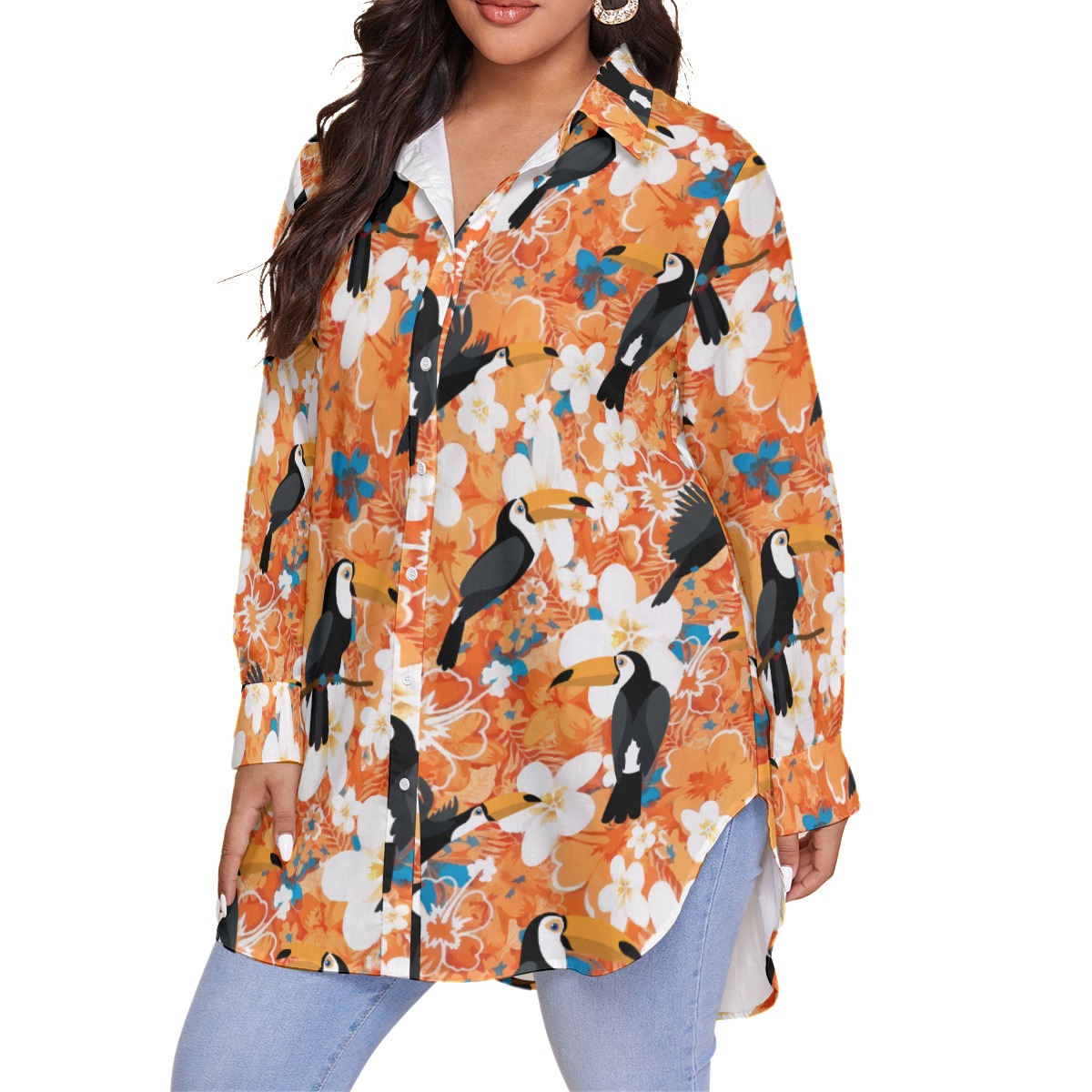 Floral Toucan Orange Hawaiian Plus Size Shirt For Women