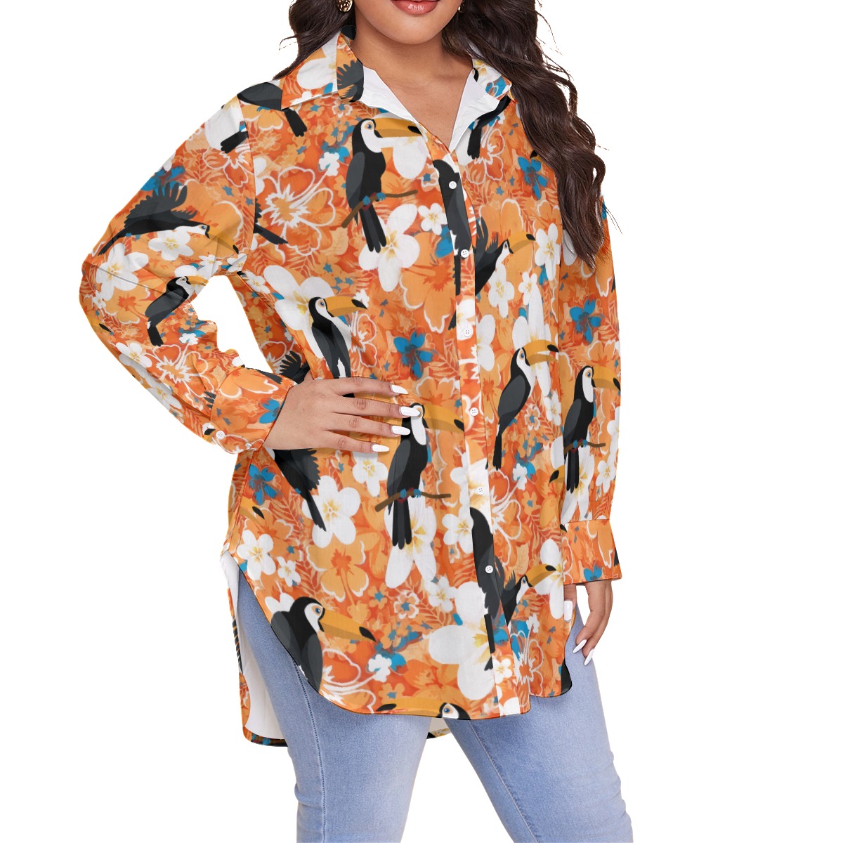Floral Toucan Orange Hawaiian Plus Size Shirt For Women