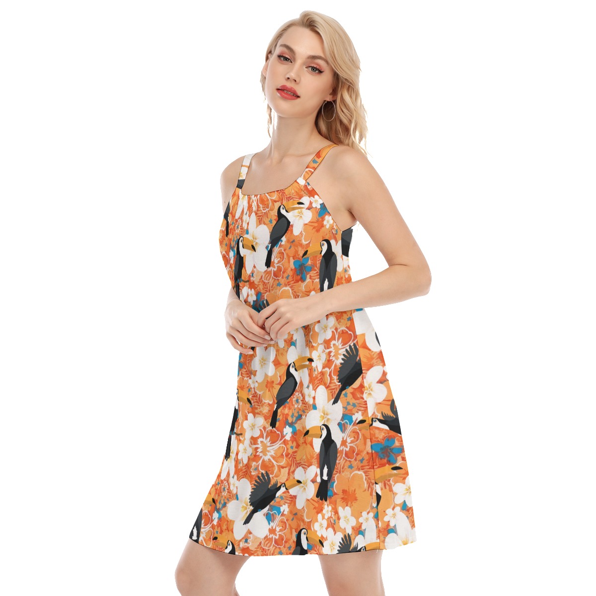 Cute Floral Toucan Orange Aloha Cami Dress For Summer