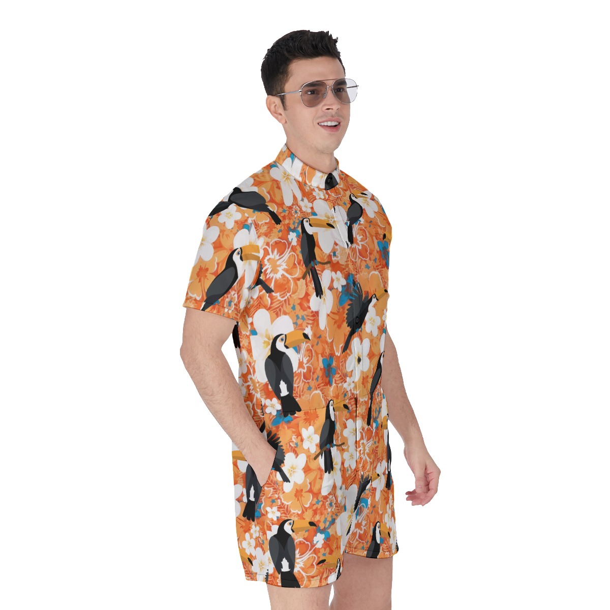 Floral Toucan Orange Men's Hawaiian Romper