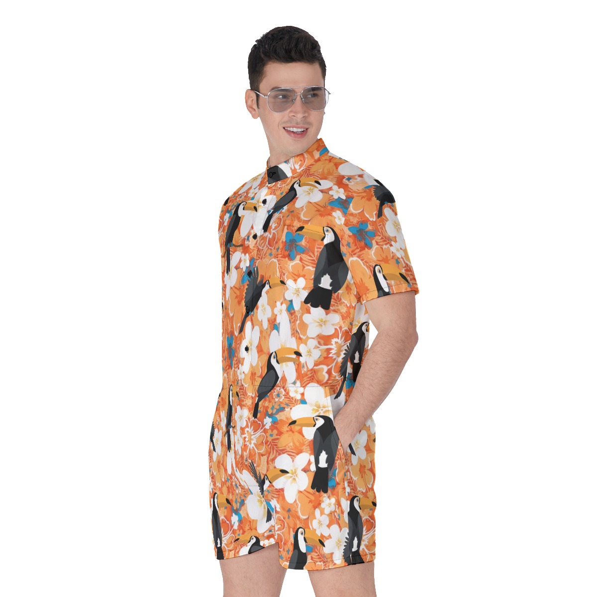 Floral Toucan Orange Men's Hawaiian Romper