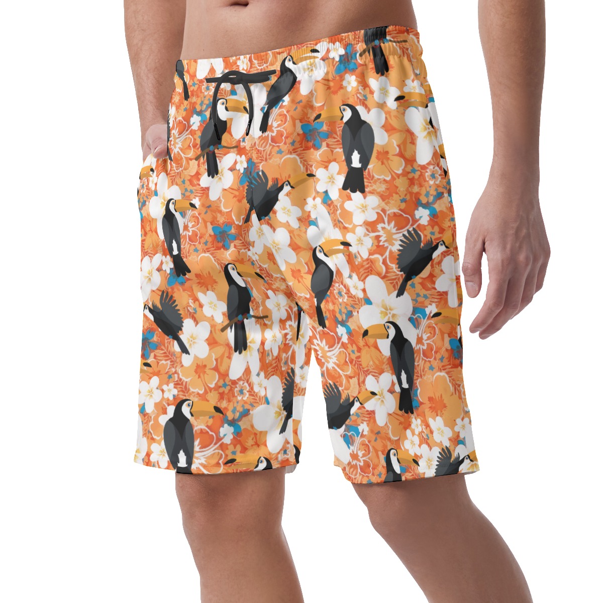 Floral Toucan Orange Hawaiian Beach Shorts For Men