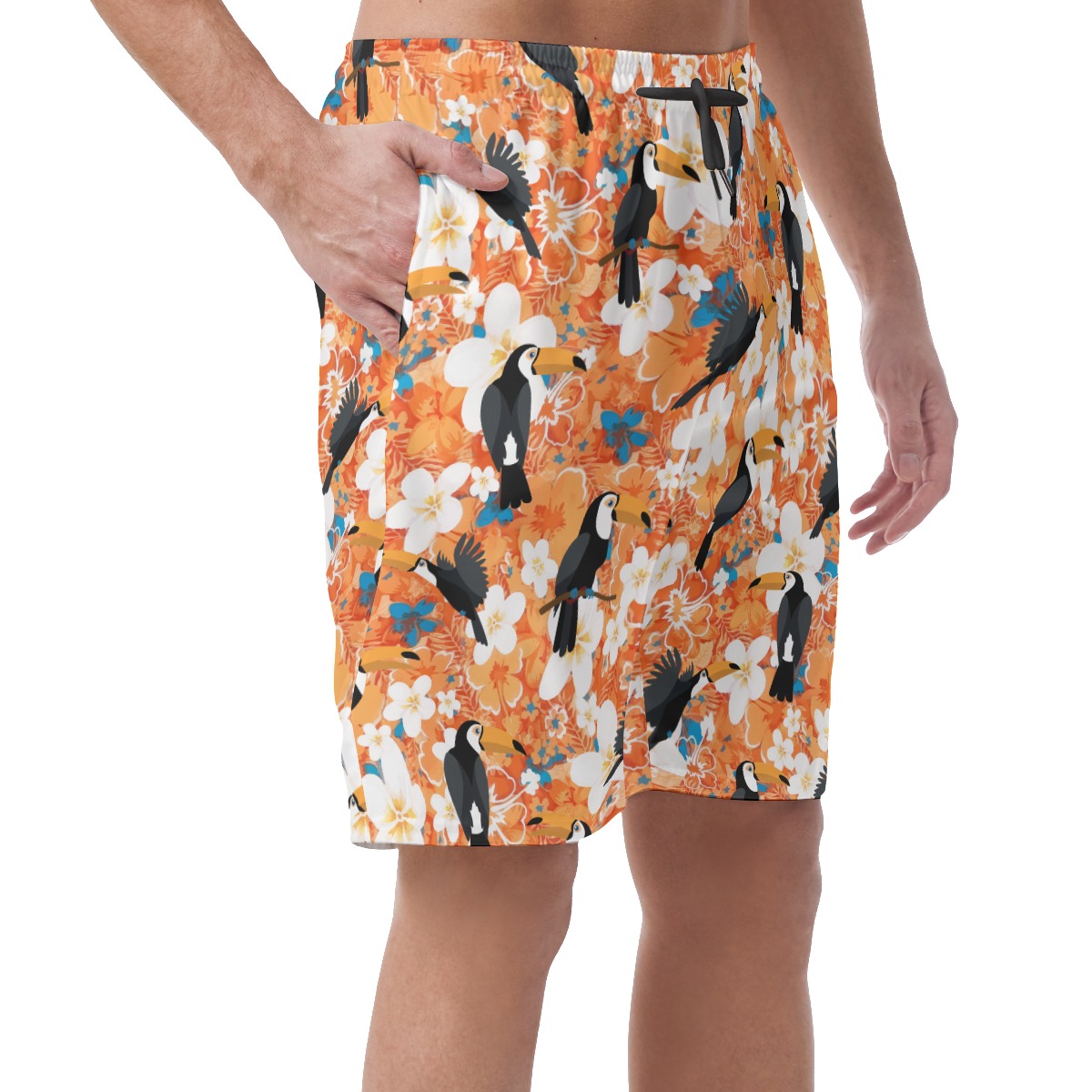 Floral Toucan Orange Hawaiian Beach Shorts For Men