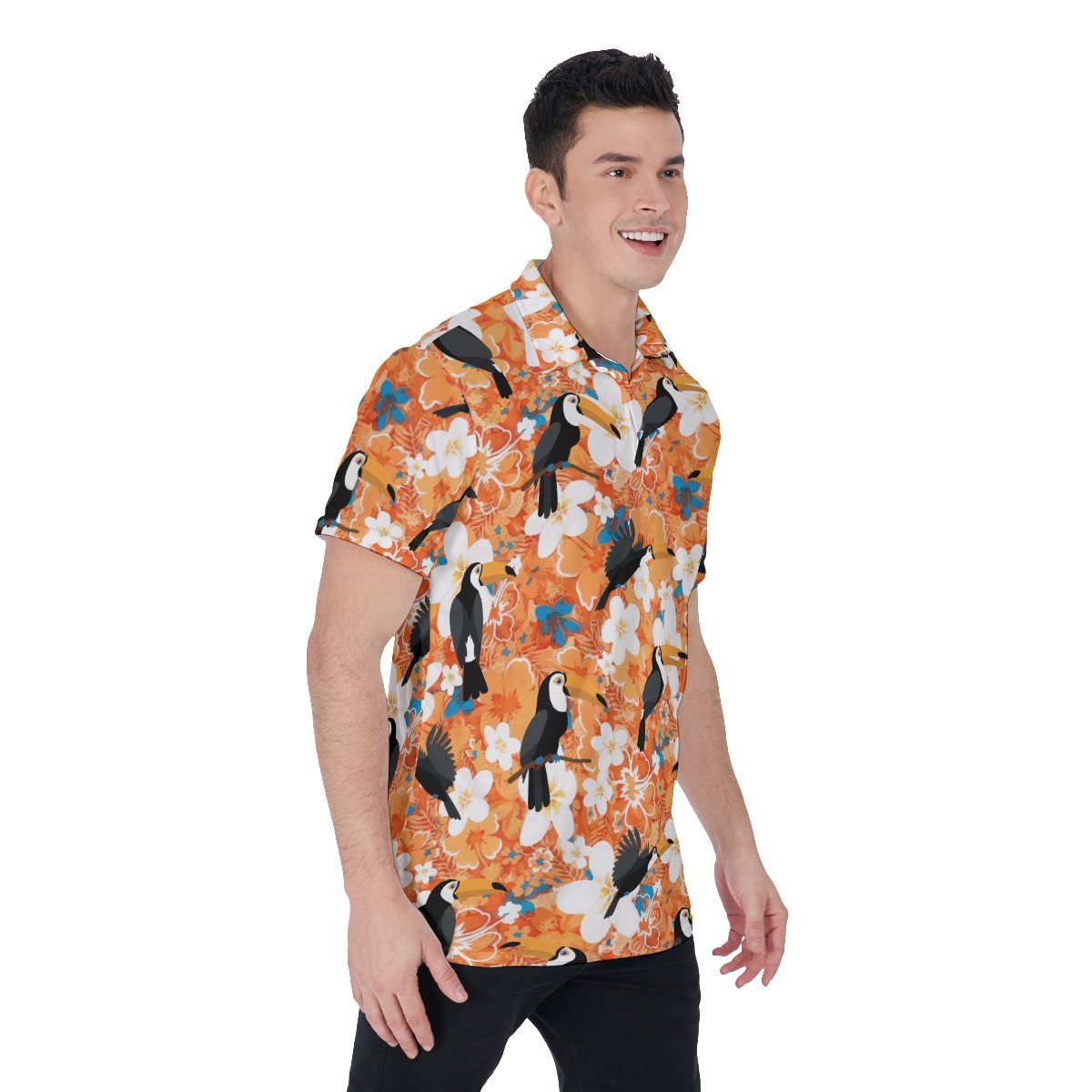 Orange Toucan Floral Hawaiain Golf Shirt For Men