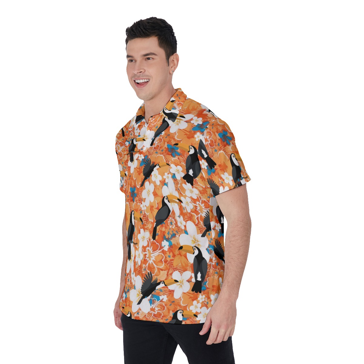 Orange Toucan Floral Hawaiain Golf Shirt For Men