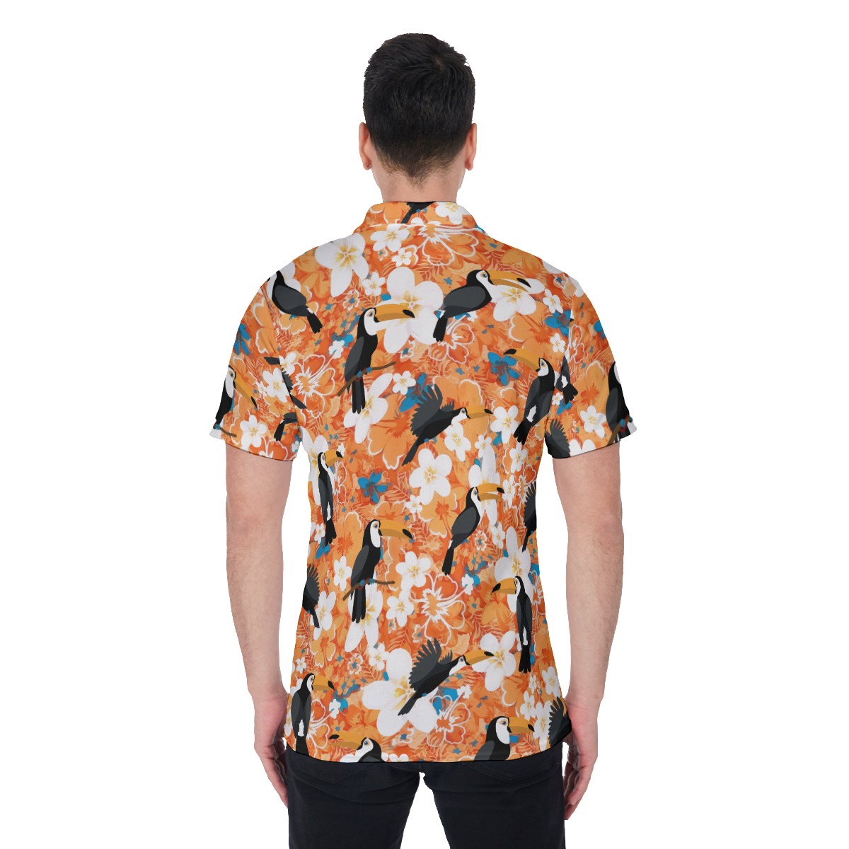 Orange Toucan Floral Hawaiain Golf Shirt For Men