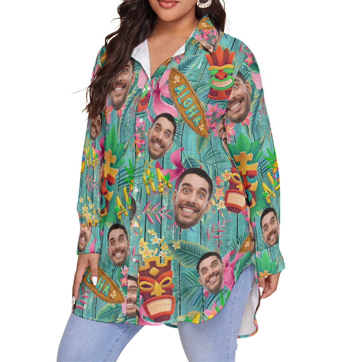 Funny Custom Face Floral Vintage Hawaiian Plus Size Shirt For Women