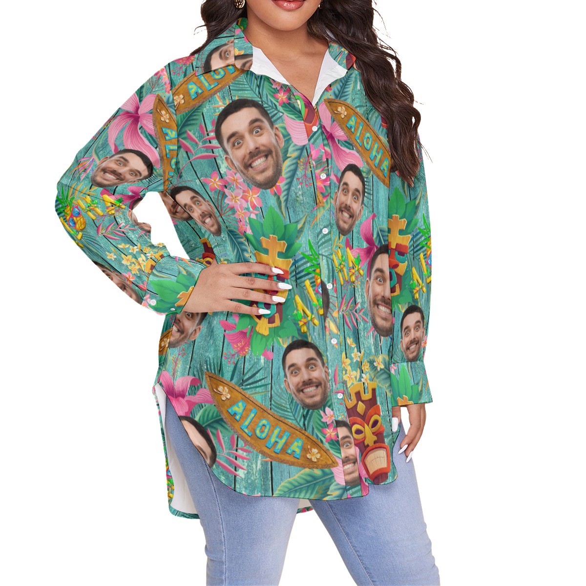 Funny Custom Face Floral Vintage Hawaiian Plus Size Shirt For Women