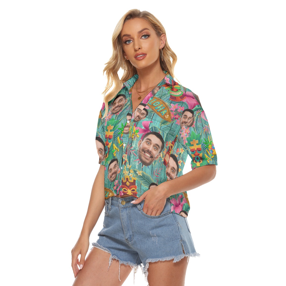 Funny Tiki Vintage Custom Face Aloha Crop Top Shirt For Women