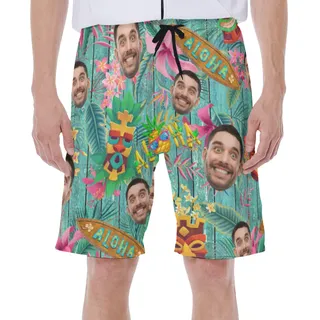 Custom Face Vintage Tiki Green Hawaiian Swim Trunks For Men