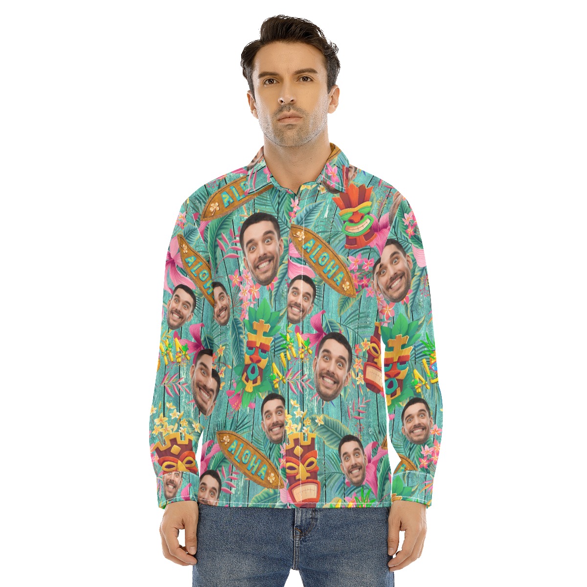 Funny Custom Face Vintage Aloha Long Sleeve Shirt For Men - variant image 1