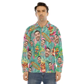 Funny Custom Face Vintage Aloha Long Sleeve Shirt For Men