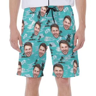 Light Blue Beach Men's Hawaiian Shorts With Face