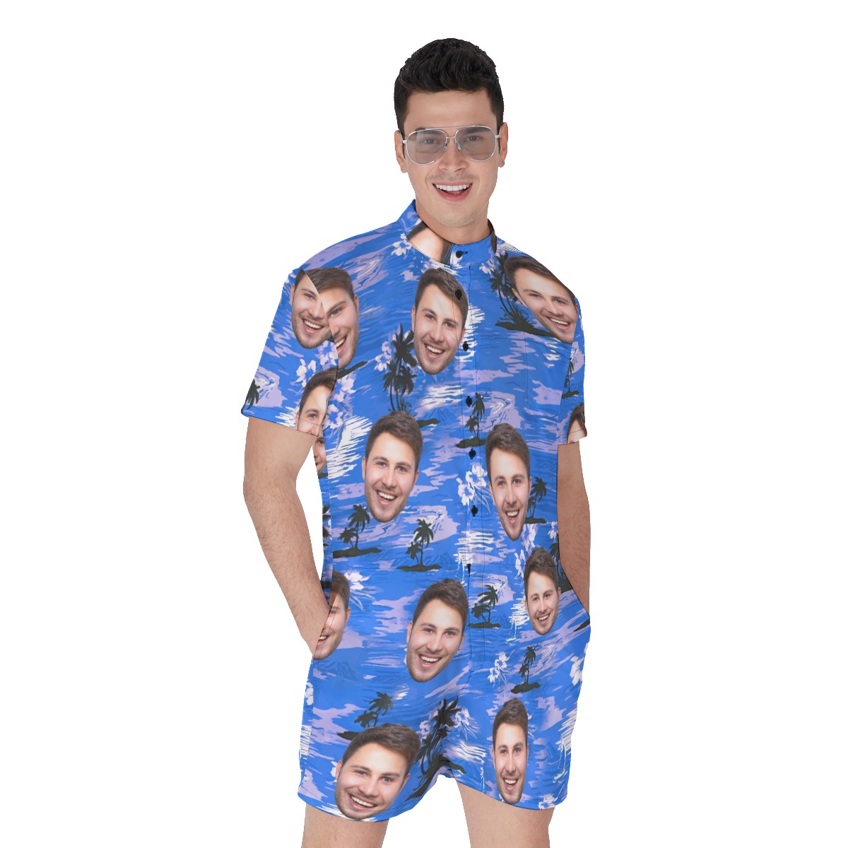 Blue Custom Face Hawaiian Romper For Men - variant image 1