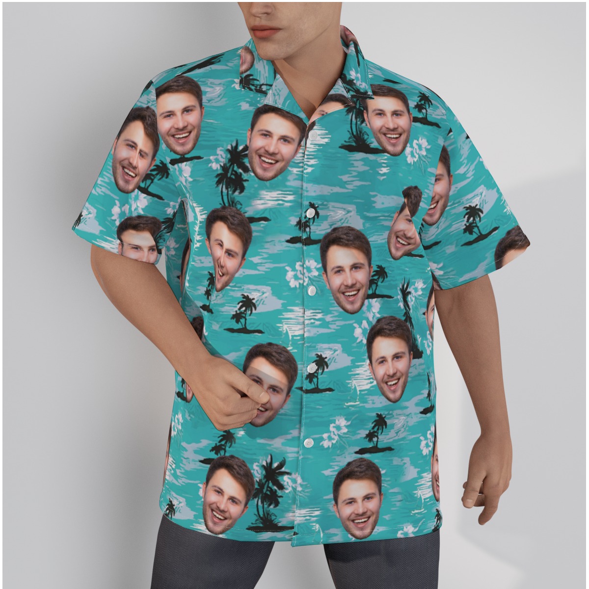 Light Blue Beach Button Up Shirt With Custom Face - variant image 1