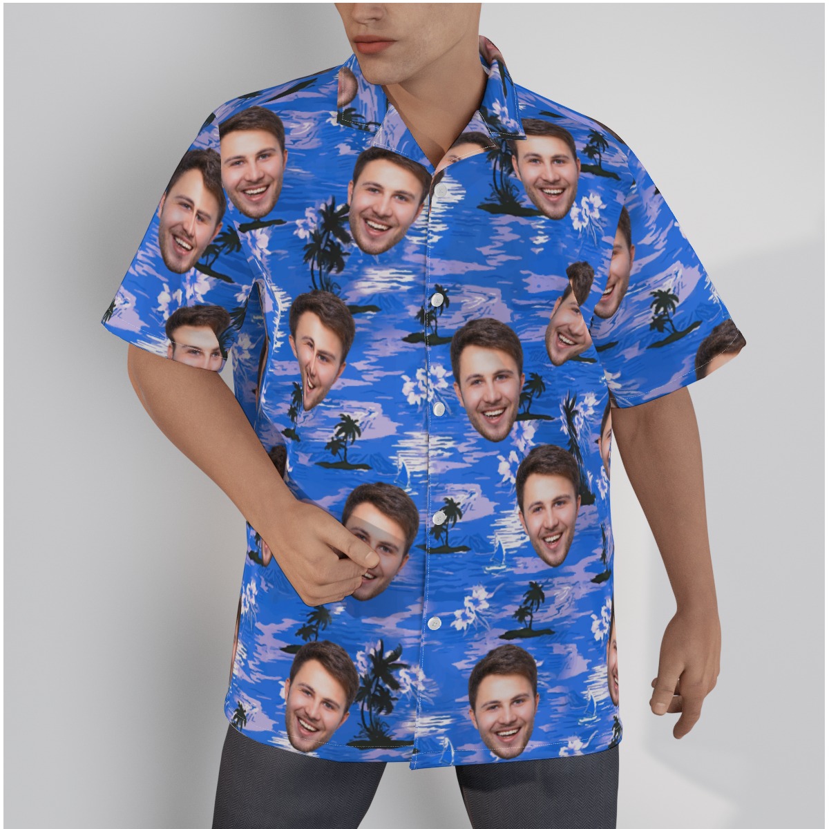 Custom Face Blue Hawaiian Shirt With Beach Themed - variant image 1