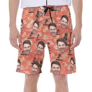 Orange Beach Hawaiian Men's Shorts With Multi Faces