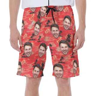 Custom Beach Red Men Hawaiian Shorts With Face