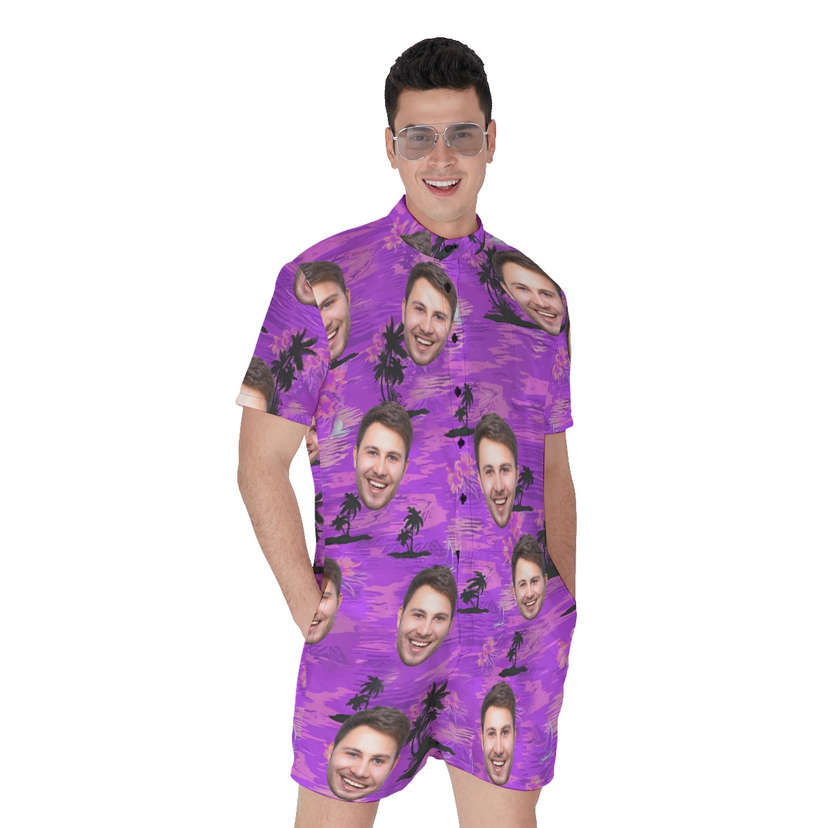 Purple Beach Men's Hawaiian Romper With Custom Face - variant image 1
