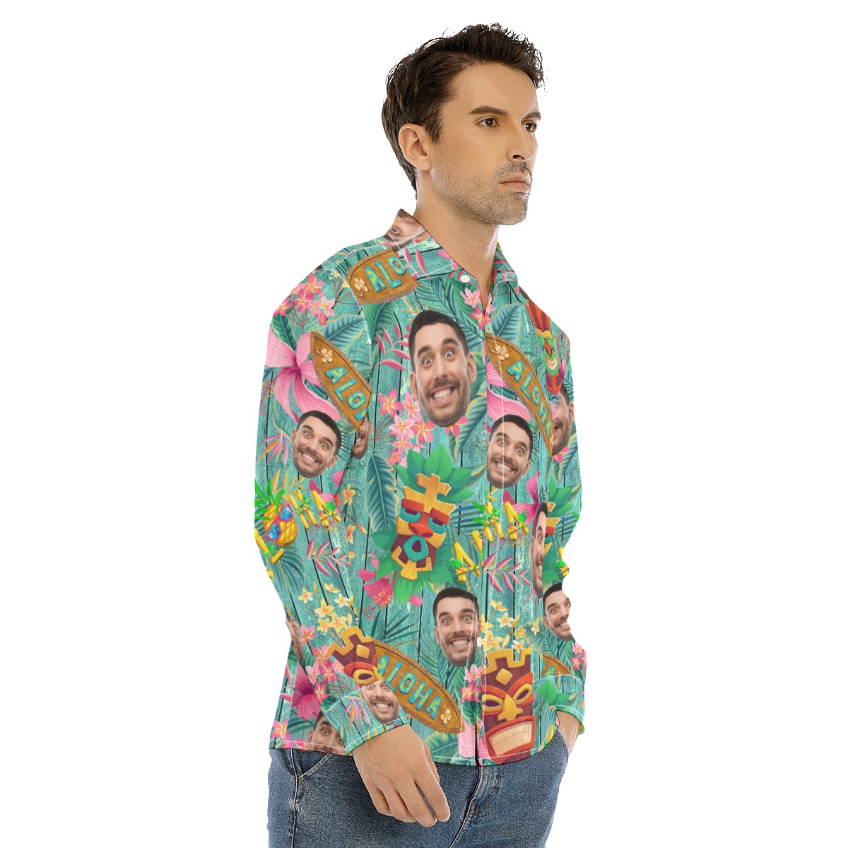 Funny Custom Face Vintage Aloha Long Sleeve Shirt For Men