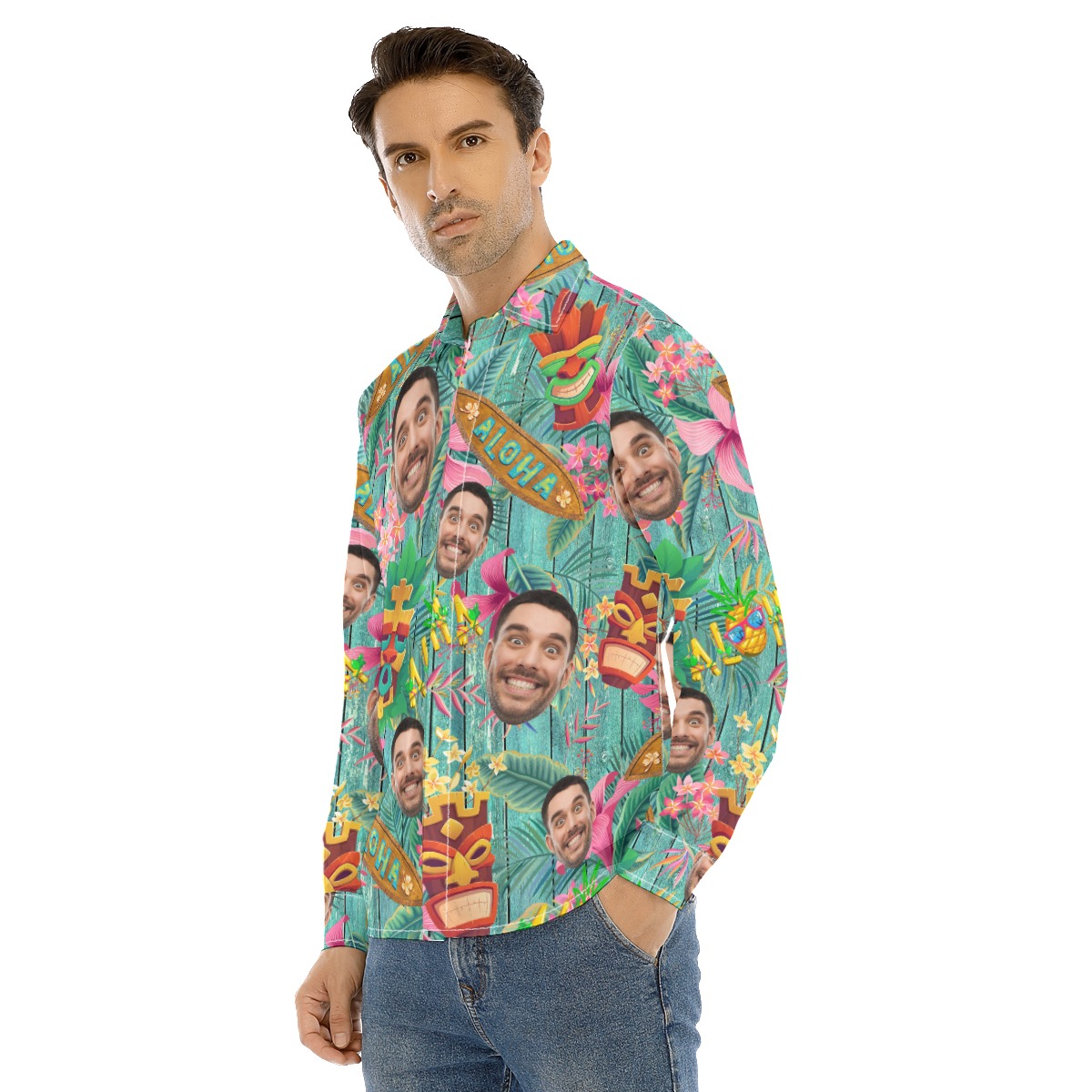 Funny Custom Face Vintage Aloha Long Sleeve Shirt For Men