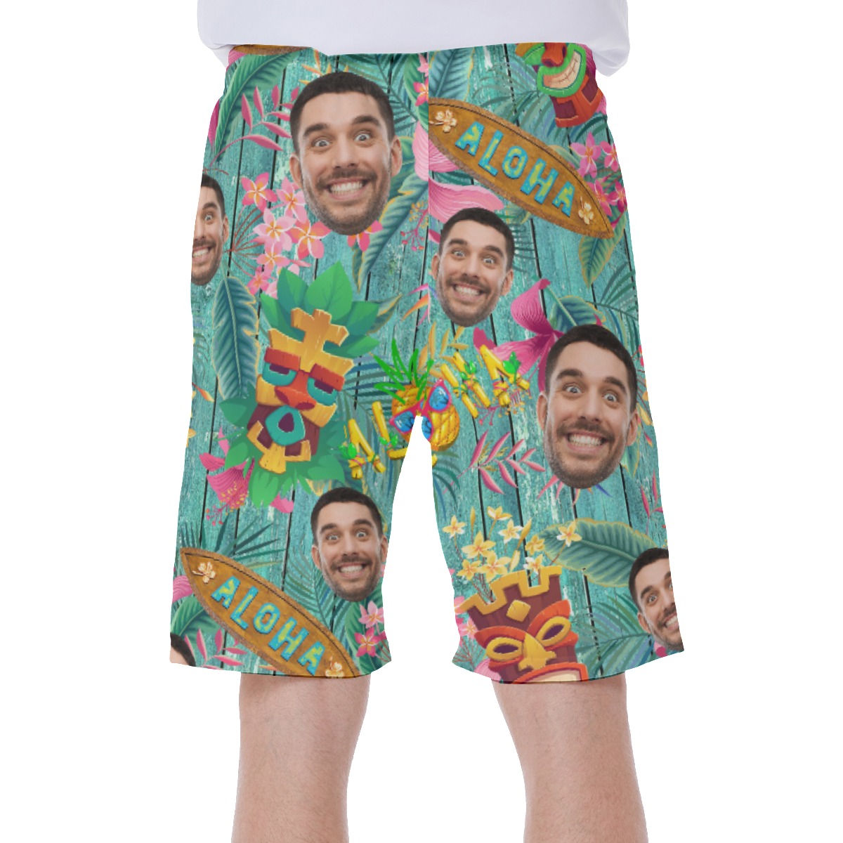 Custom Face Vintage Tiki Green Hawaiian Swim Trunks For Men