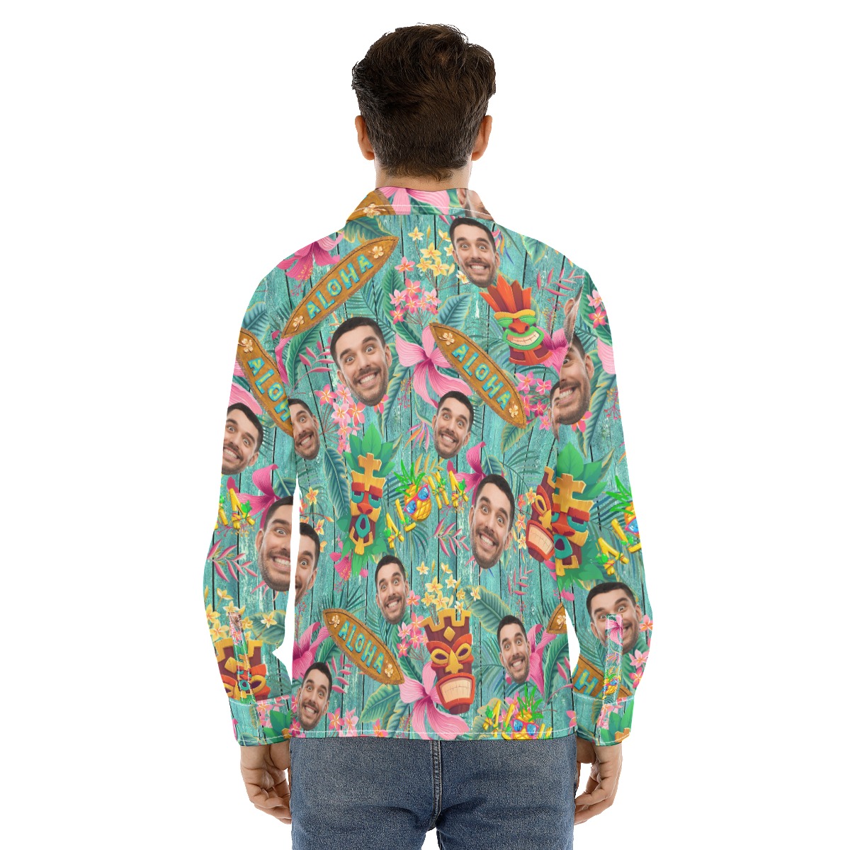 Funny Custom Face Vintage Aloha Long Sleeve Shirt For Men