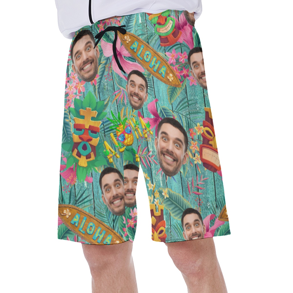 Custom Face Vintage Tiki Green Hawaiian Swim Trunks For Men