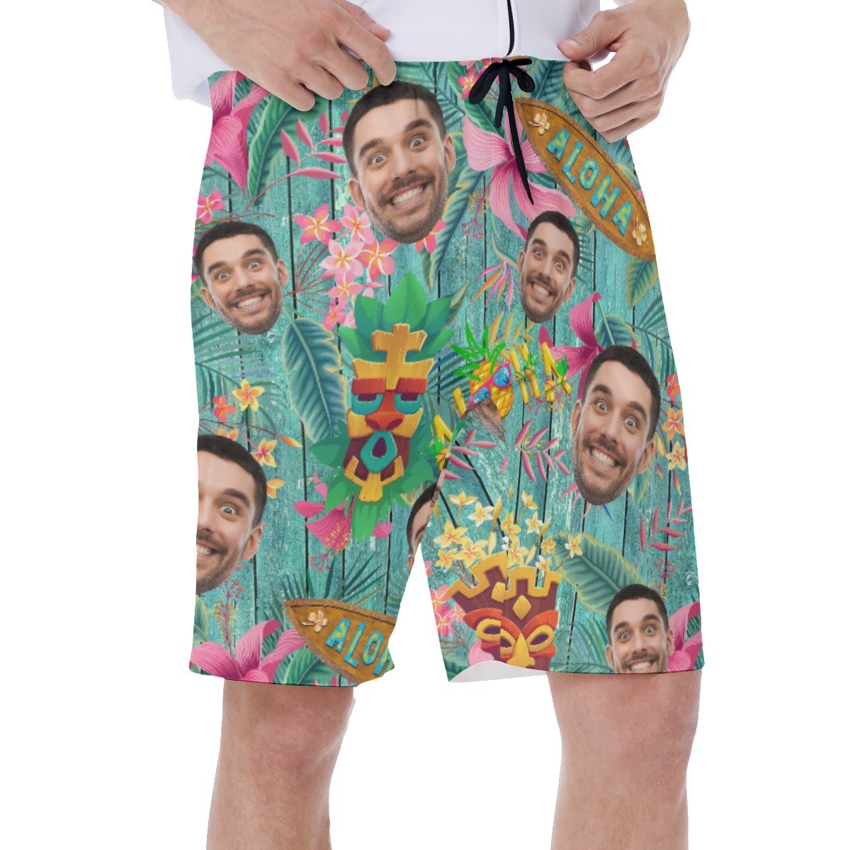 Custom Face Vintage Tiki Green Hawaiian Swim Trunks For Men