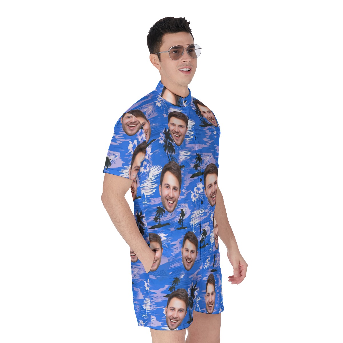 Blue Custom Face Hawaiian Romper For Men