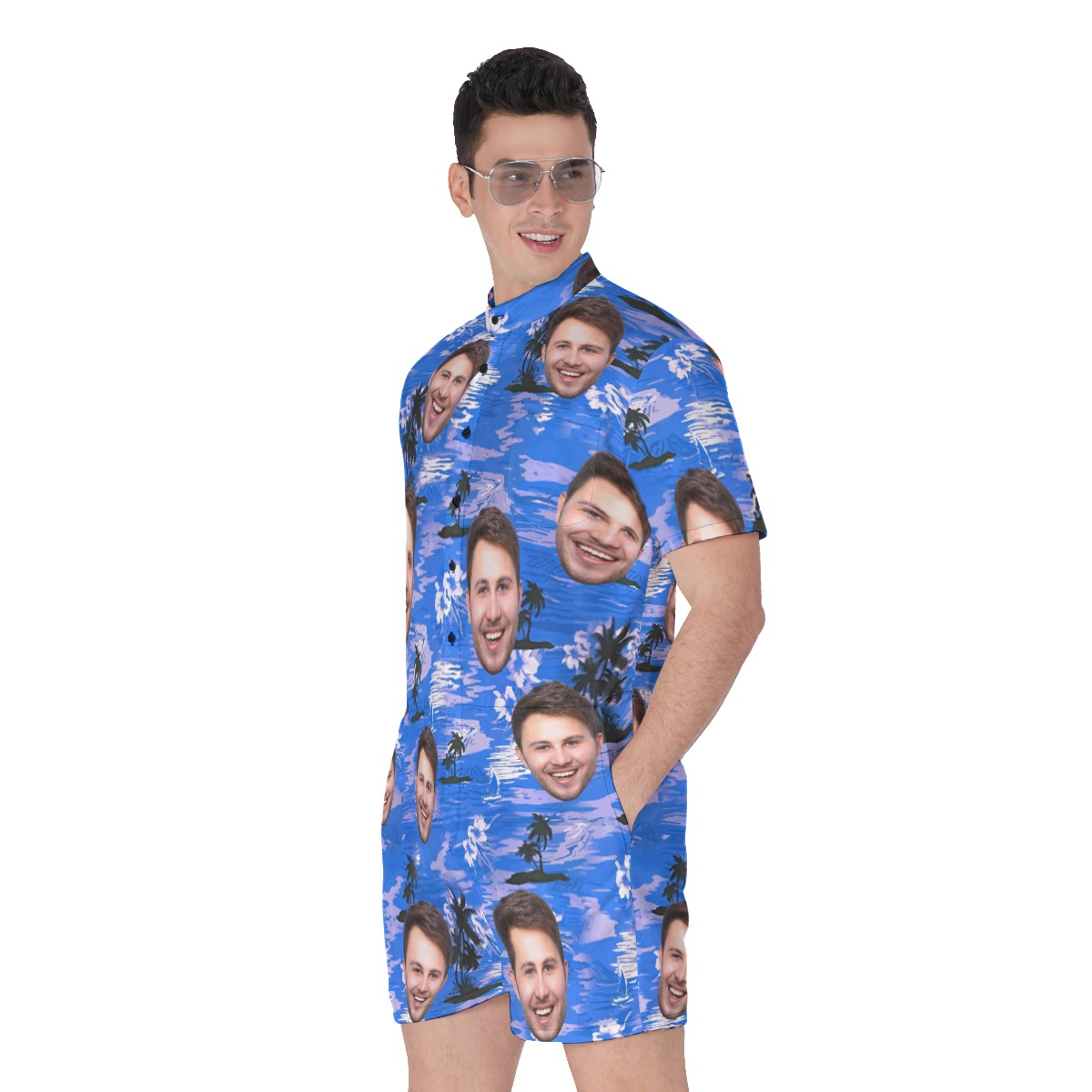 Blue Custom Face Hawaiian Romper For Men