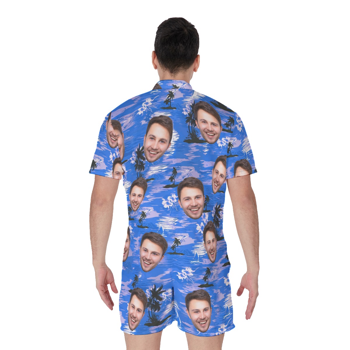Blue Custom Face Hawaiian Romper For Men