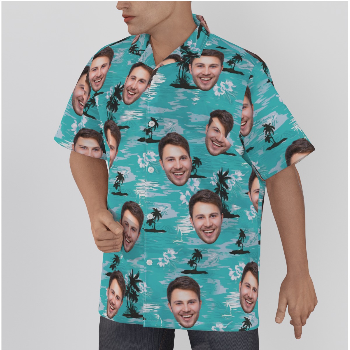 Light Blue Beach Button Up Shirt With Custom Face