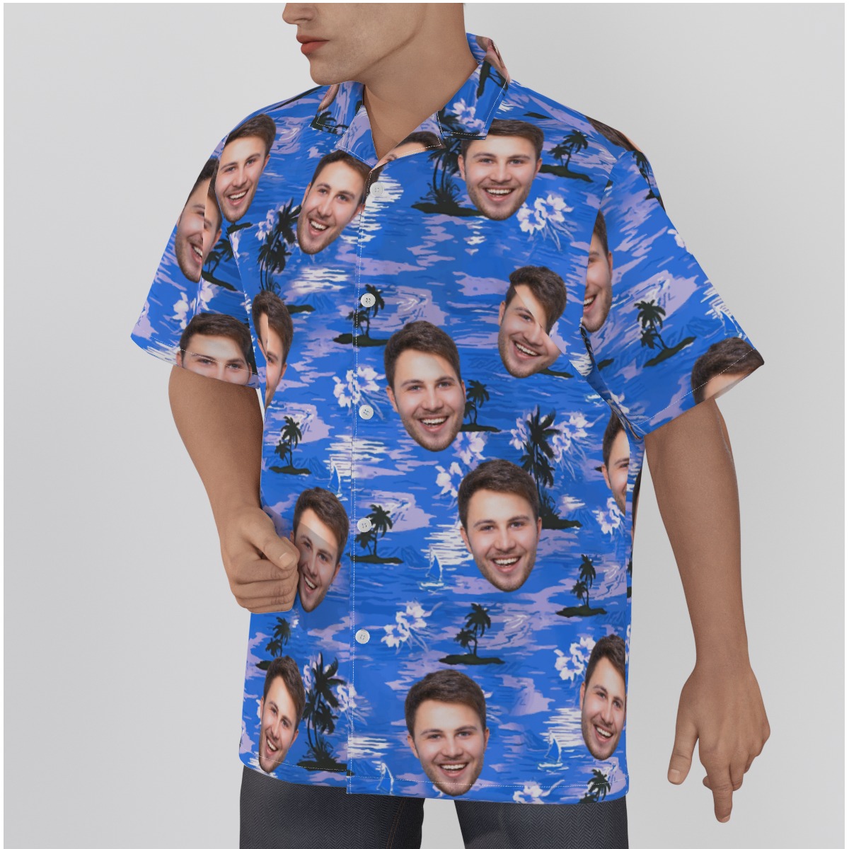 Custom Face Blue Hawaiian Shirt With Beach Themed