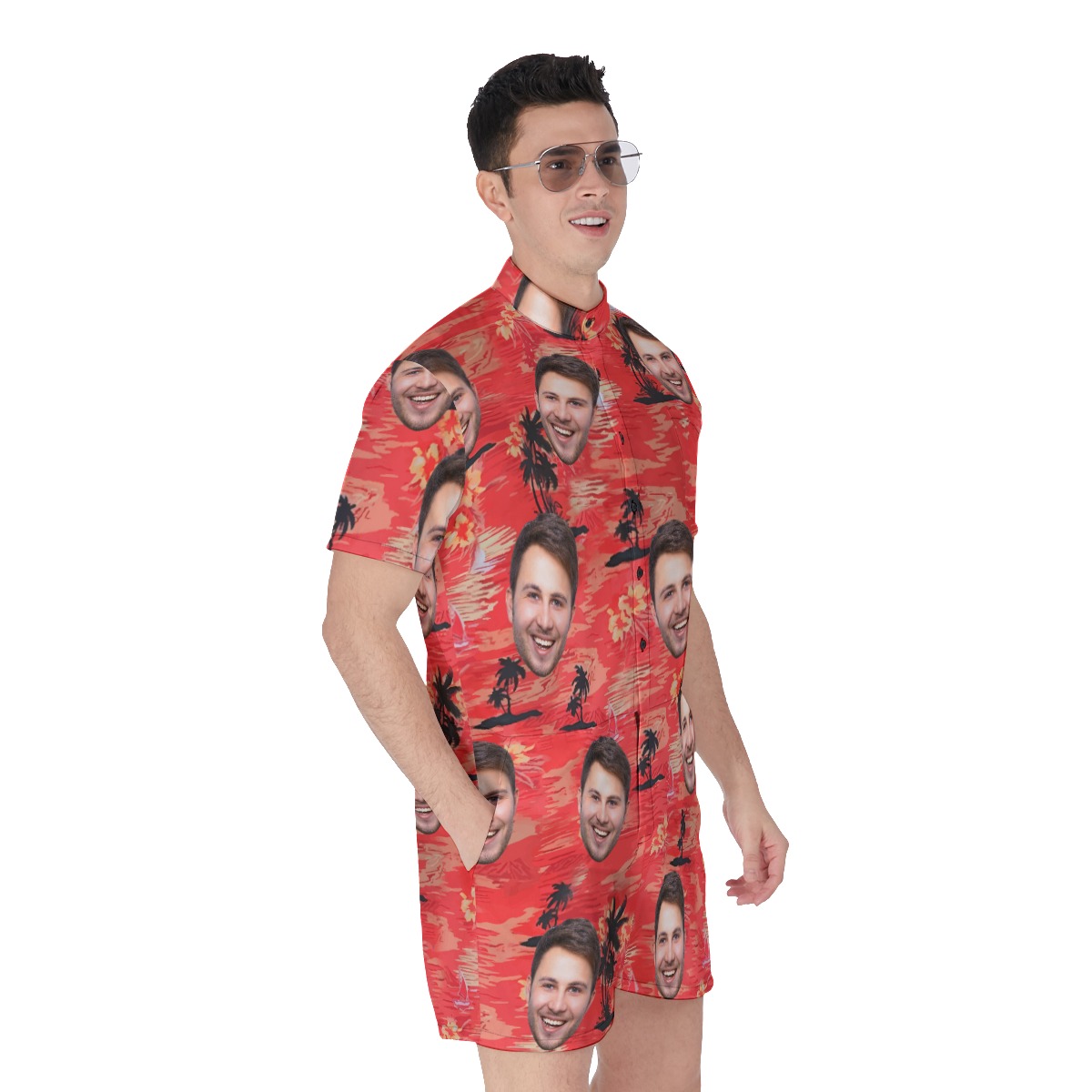 Beach Red Men's Romper With Custom Face