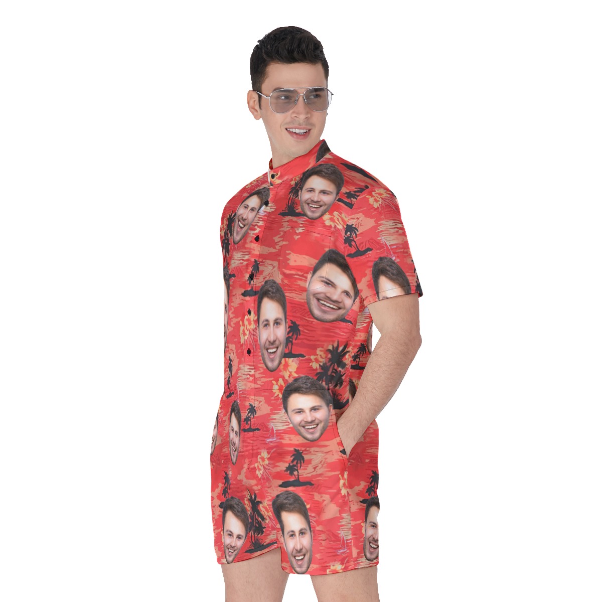 Beach Red Men's Romper With Custom Face
