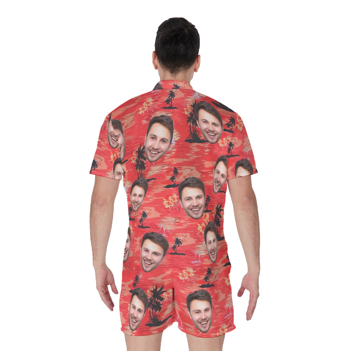 Beach Red Men's Romper With Custom Face
