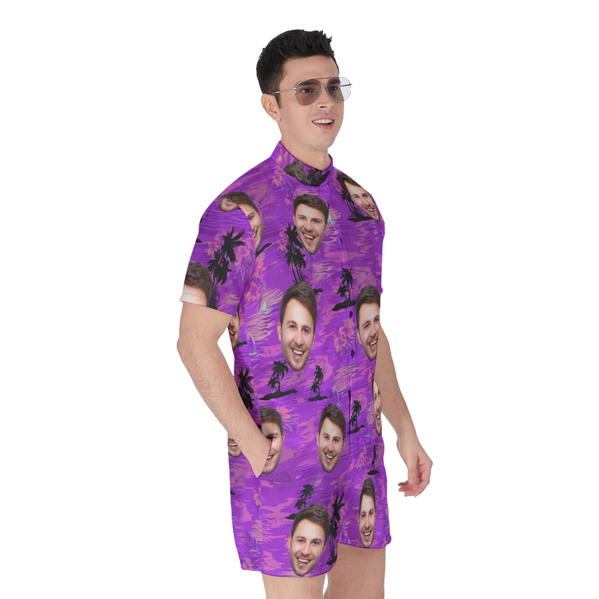Purple Beach Men's Hawaiian Romper With Custom Face