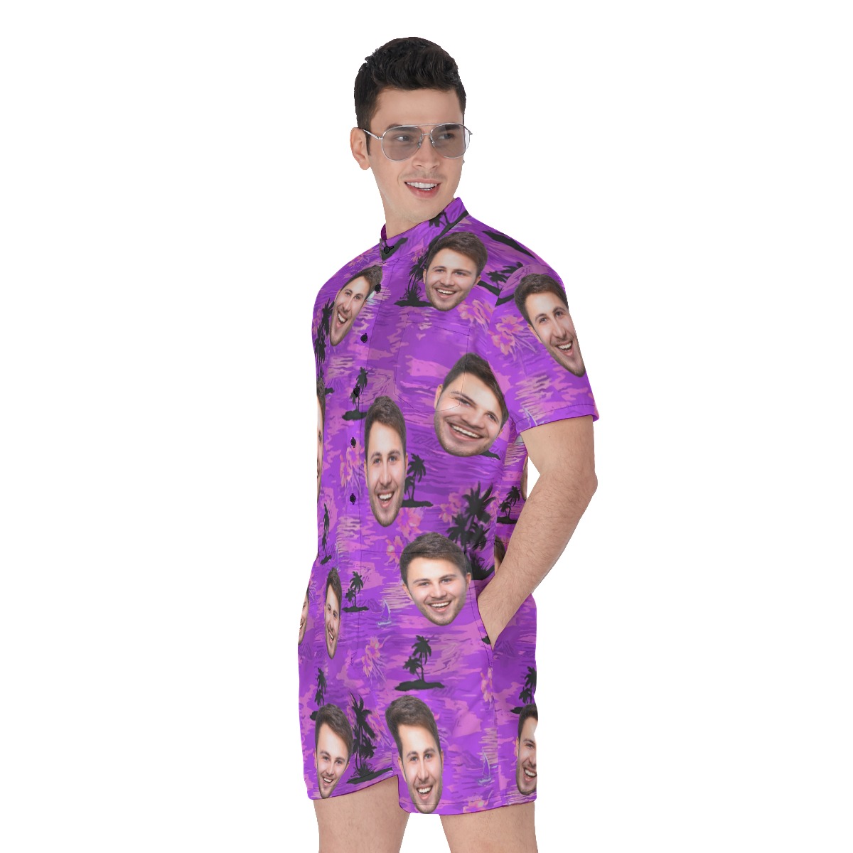Purple Beach Men's Hawaiian Romper With Custom Face