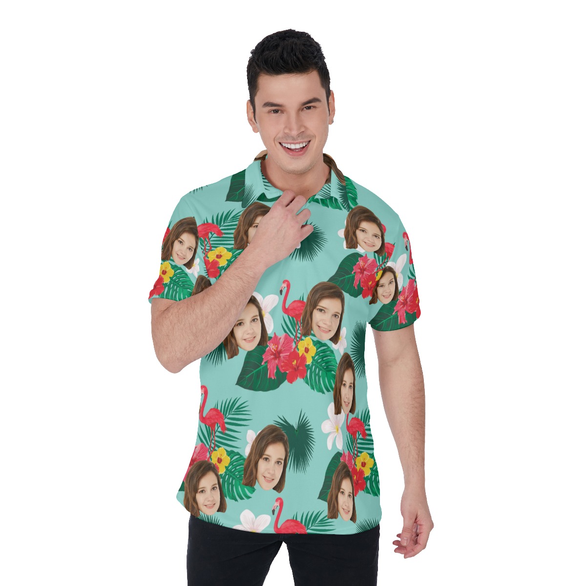 Flamingo Flower Custom Face Tropical Polo Shirt - variant image 1