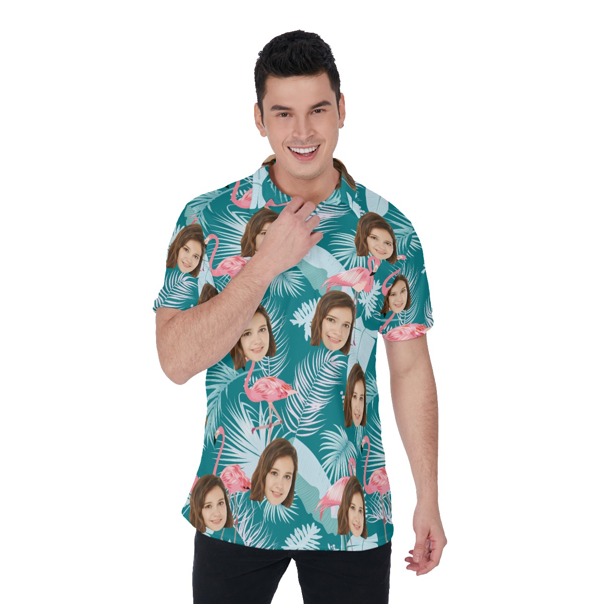Tropical Leaf Flamingo Custom Face Golf Polo Shirt - variant image 1