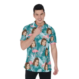 Tropical Leaf Flamingo Custom Face Golf Polo Shirt