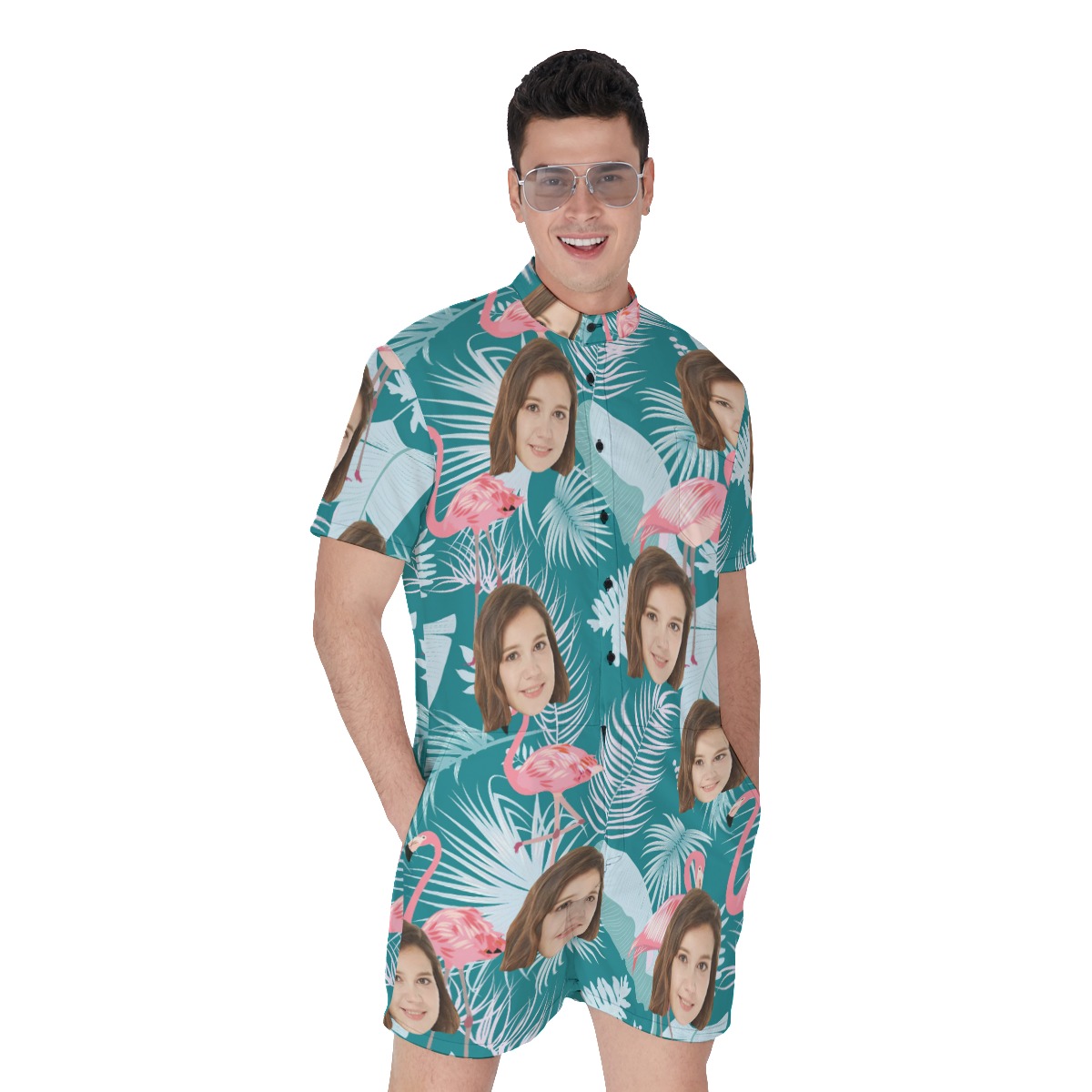 Tropical Leaf Flamingo Custom Face Men's Romper - variant image 1