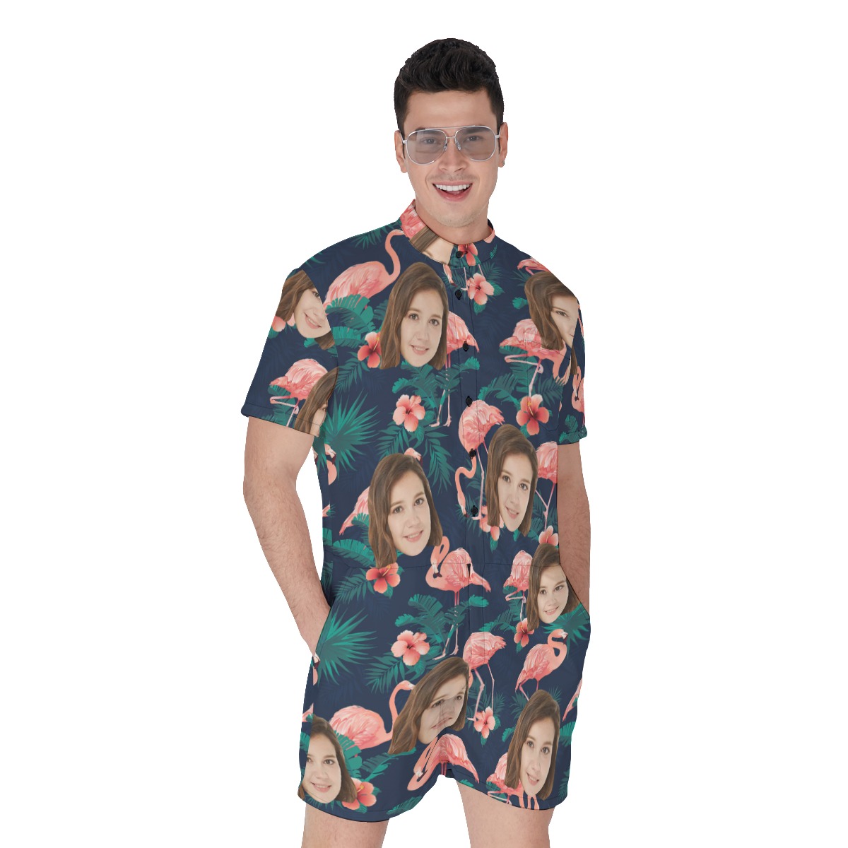 Flamingo Floral Men's Romper With Custom Face - variant image 1