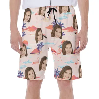 Custom Face Flamingo Beach Swim Trunks For Men